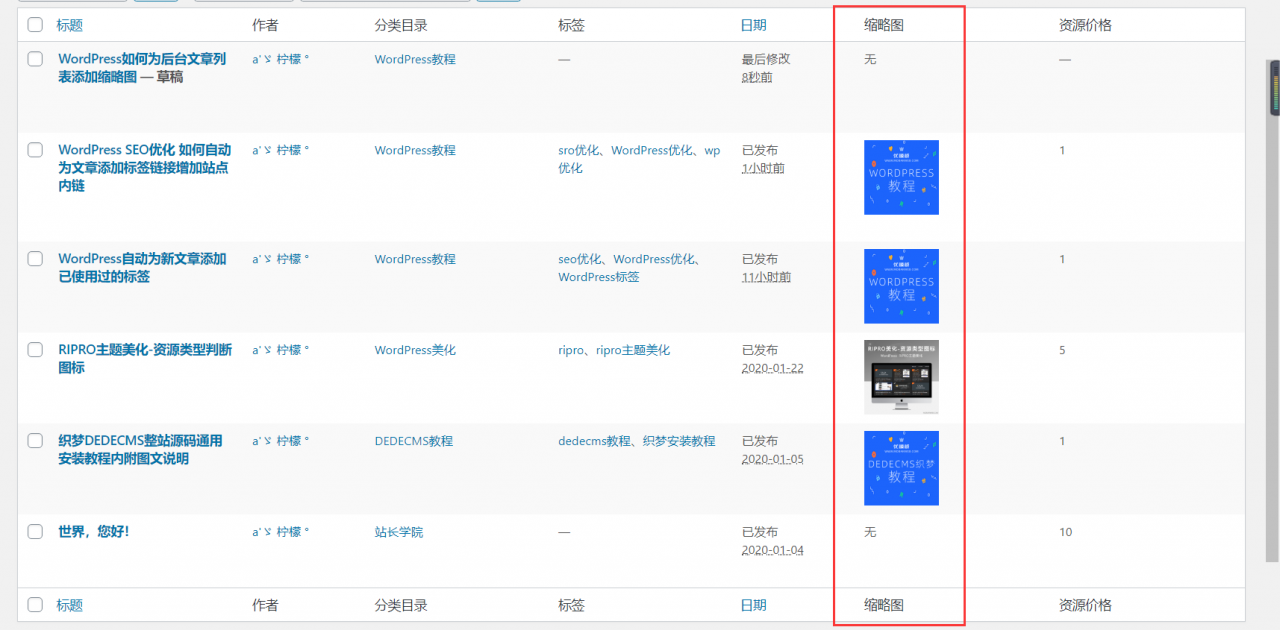 WordPress如何为后台文章列表添加缩略图